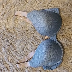 Victoria secret tshirt lightly lined demi light blue bra with tan sparkle straps